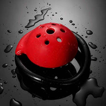 Lade das Bild in den Galerie-Viewer, Red Black Shield Chastity Cage product photo - chastity cage by MetalChastity
