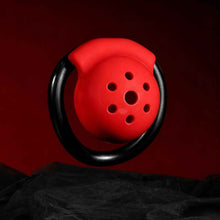 Lade das Bild in den Galerie-Viewer, Red Black Shield Chastity Cage product photo - chastity cage by MetalChastity
